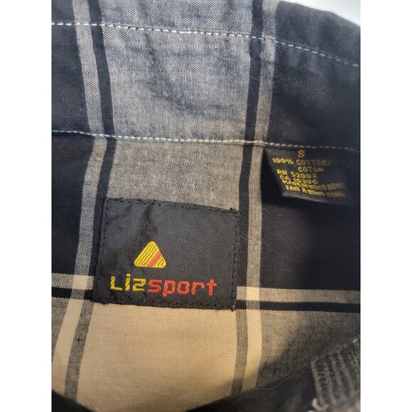 VTG Liz Sport Black Tan Plaid Shoulder Yoke Button Up Shirt Women's Size Small - Picture 2 of 15